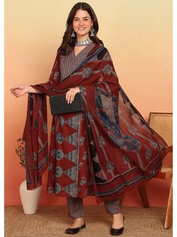 Vbuyz - Maroon Floral Printed A-Line Cotton Kurta and Pant with Dupatta (Set of 3)