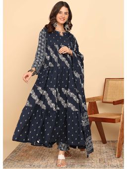 Vbuyz - Navy Blue Floral Printed Anarkali Kurta and Pant with Dupatta (Set of 3)