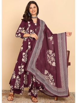 Vbuyz - Wine Floral Printed Anarkali Kurta with Palazzo and Dupatta (Set of 3)