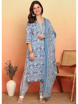 Vbuyz - Sky Blue Printed Straight Kurta and Pant with Dupatta (Set of 3)