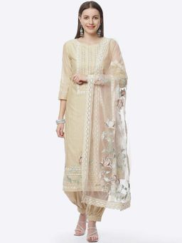 Biba - Beige Cotton Silkchanderi Unstitched Suit Set (Set of 3)