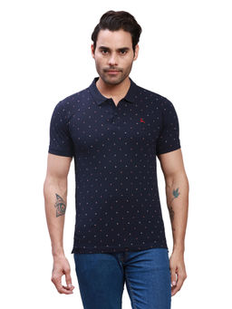 Parx - Regular Fit Printed Dark Blue Polo T-Shirt