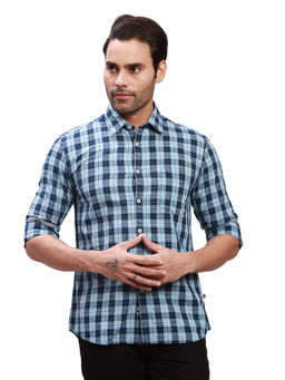 Parx - Slim Fit Checkered Medium Blue Shirt