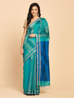 Fabindia - Teal Cotton Silk Blend Hand Block Printed Saree Without Blouse