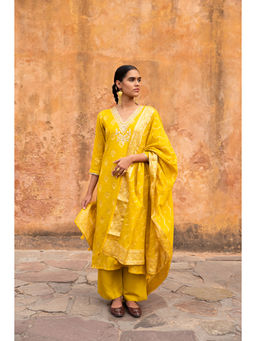Karaj Jaipur - Pure Yellow Kota Doria Embroidered Kurta with Pant and Dupatta (Set of 3)