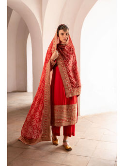Karaj Jaipur - Pure Red Dola Silk Marodi Embroidered Kurta with Pant and Dupatta (Set of 3)