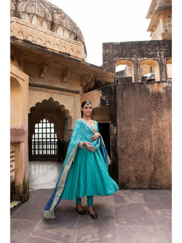 Karaj Jaipur - Pure Blue Dola Silk Anarkali Kurta with Churidar Pant and Dupatta (Set of 3)