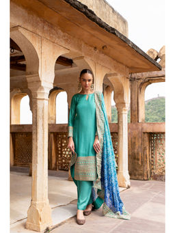 Karaj Jaipur - Pure Dola Silk Dori Embroidered Blue Kurta with Pant and Dupatta (Set of 3)