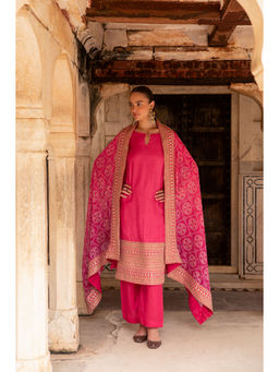 Karaj Jaipur - Pure Pink Dola Silk Dori Embroidered Kurta with Pant and Dupatta (Set of 3)