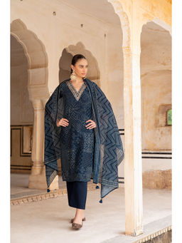 Karaj Jaipur - Navy Blue V-Neck Embroidered Printed Kurta with Pant and Dupatta (Set of 3)