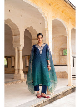 Karaj Jaipur - Blue Ombre V-Neck Gota Patti Embroidered Kurta with Pant and Dupatta (Set of 3)
