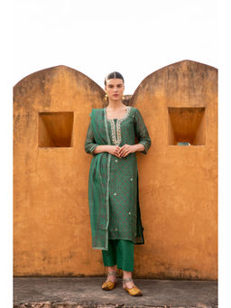 Karaj Jaipur - Dark Green Gota Patti Embroidered Kurta with Pant and Dupatta (Set of 3)