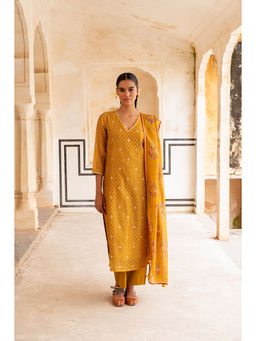 Karaj Jaipur - Mustard V-Neck Gota Patti Embroidered Kurta with Pant and Dupatta (Set of 3)