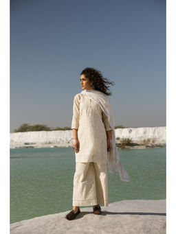 Karaj Jaipur - Beige Jute Chanderi Chikankari Kurta with Palazzo and Dupatta (Set of 3)