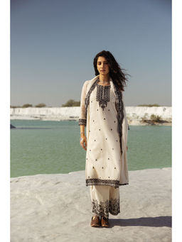 Karaj Jaipur - Off White Embroidered Kurta with Palazzo and Dupatta (Set of 3)
