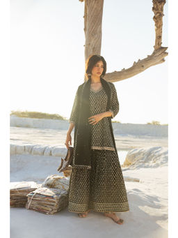 Karaj Jaipur - Black Block Print Sharara with Kurti and Dupatta (Set of 3)