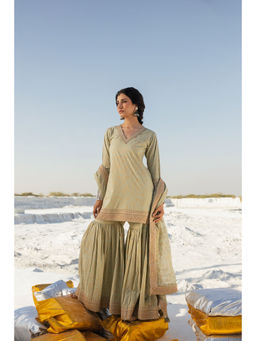 Karaj Jaipur - Light Green Sharara with Kurti and Dupatta (Set of 3)