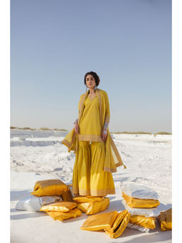 Karaj Jaipur - Light Yellow Sharara with Kurti and Dupatta (Set of 3)