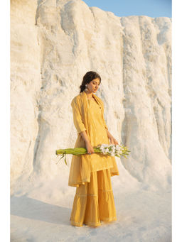 Karaj Jaipur - Mustard Yellow Chikankari Sharara with Kurta and Dupatta (Set of 3)