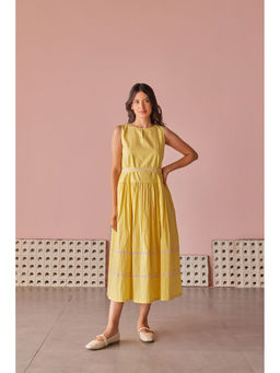 The Yellow Bow - Morning Dew Cotton Modal Drop Waist Yellow Dress with Belt (Set of 2)