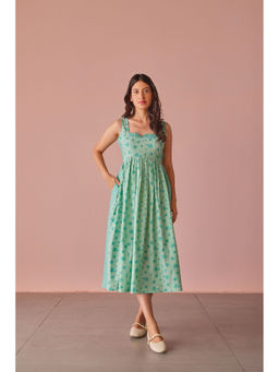 The Yellow Bow - Mystic Cotton Modal Block Printed Green Midi Dress