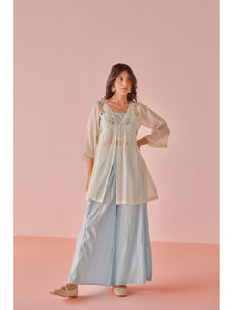 The Yellow Bow - Crystal Chanderi Cotton Blue Jacket with Crop Top and Palazzo (Set of 3)