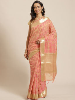 Indethnic - Banarasi Peach Woven Design Festive Wear Saree With Unstitched Blouse