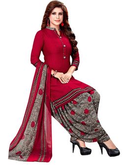 ISHIN - Synthetic Maroon & Grey Printed Unstitched Salwar Suit Dress Material With Dupatta (Set of 3)