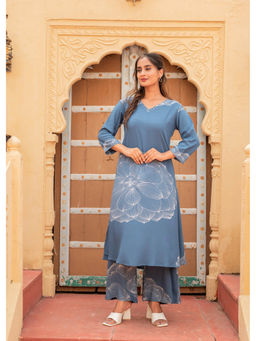 Juniper - Women's Printed Blue Viscose Kurta with Pant (Set of 2)