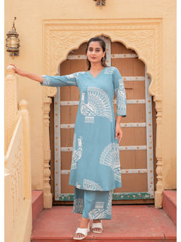 Juniper - Women's Printed Powder Blue Viscose Kurta with Pant (Set of 2)