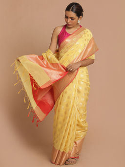 Indethnic - Banarasi Yellow Woven Design Festive Wear Saree With Unstitched Blouse