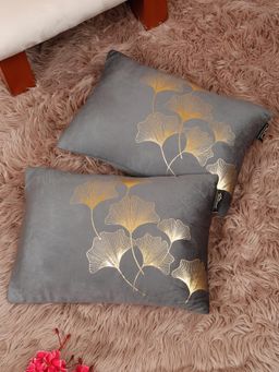 HOSTA HOMES - Soft Velvet Golden Foil Printed Cushion Covers Grey (Pack Of 2) (12X18 Inches)