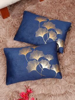 HOSTA HOMES - Soft Velvet Golden Foil Printed Cushion Covers Blue (Pack Of 2) (12X18 Inches)