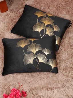 HOSTA HOMES - Soft Velvet Golden Foil Printed Cushion Covers Black (Pack Of 2) (12X18 Inches)
