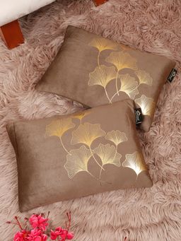 HOSTA HOMES - Soft Velvet Golden Foil Printed Cushion Covers Brown (Pack Of 2) (12X18 Inches)