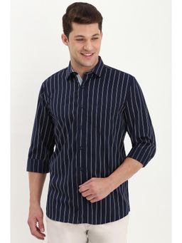 Allen Solly - Men Navy Blue Slim Fit Stripe Full Sleeves Casual Shirt