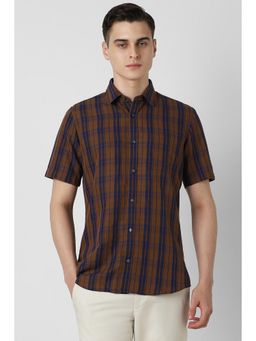 Van Heusen - Men Brown Slim Fit Checks Half Sleeves Casual Shirt