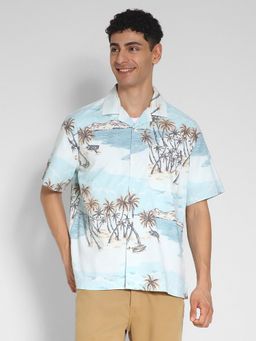 American Eagle - Men Blue Tropical Button Up Poolside Shirt