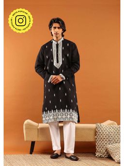 House of Chikankari - Poly Silk Zari Embroidered With Sequins Solid Men's Long Kurta- Black
