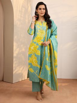 Libas - Blue Printed Cotton Blend Straight Kurta And Pant With Dupatta