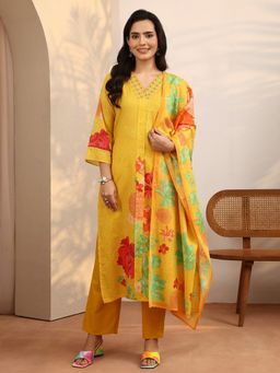 Libas - Yellow Printed Cotton Blend Straight Kurta And Pant With Dupatta