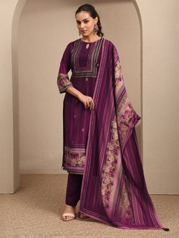 Libas - Wine Printed Silk Blend Straight Kurta And Pant With Dupatta