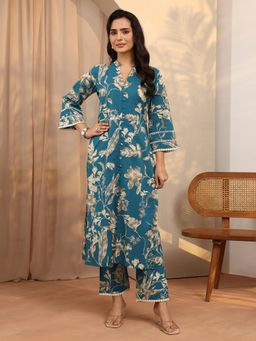 Libas - Blue Printed Cotton Blend Straight Co-Ord Set