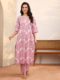 Libas - Mauve Printed Cotton Blend Straight Kurta And Pant