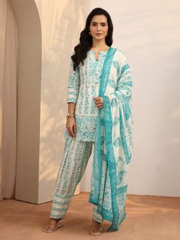 Libas - Blue Printed Cotton Blend Straight Kurta And Salwar With Dupatta