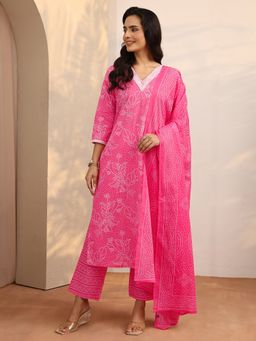 Libas - Pink Printed Cotton Blend Straight Kurta And Pant With Dupatta