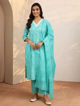 Libas - Turquoise Printed Cotton Blend Straight Kurta And Pant With Dupatta
