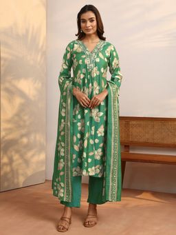 Libas - Green Printed Silk Blend A-Line Kurta And Pant With Dupatta