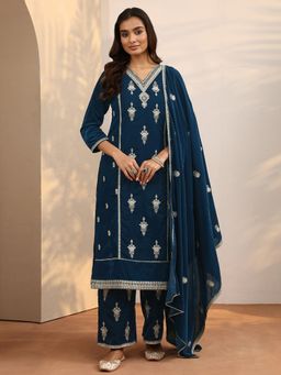 Libas - Teal Embroidered Velvet Straight Kurta And Pant With Dupatta