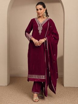 Libas - Maroon Embroidered Velvet Straight Kurta And Pant With Dupatta